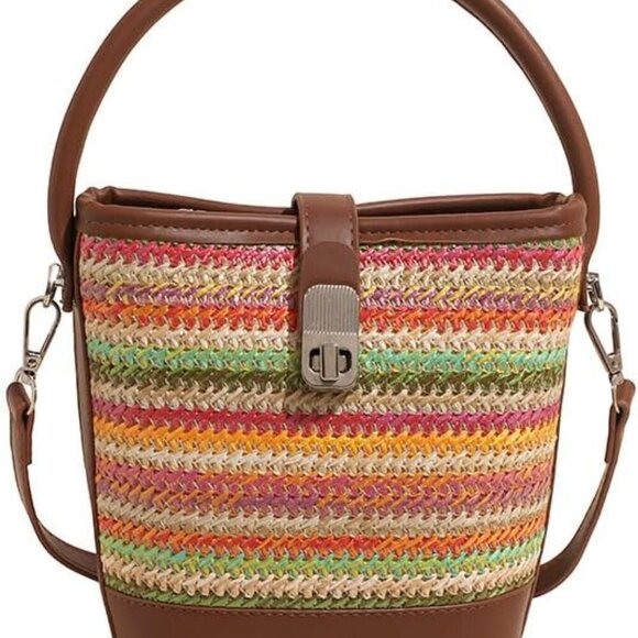 Fashion-Forward Green Contrast Color Mini Bucket Bag - Women's Straw Crossbody - Picture 1 of 9